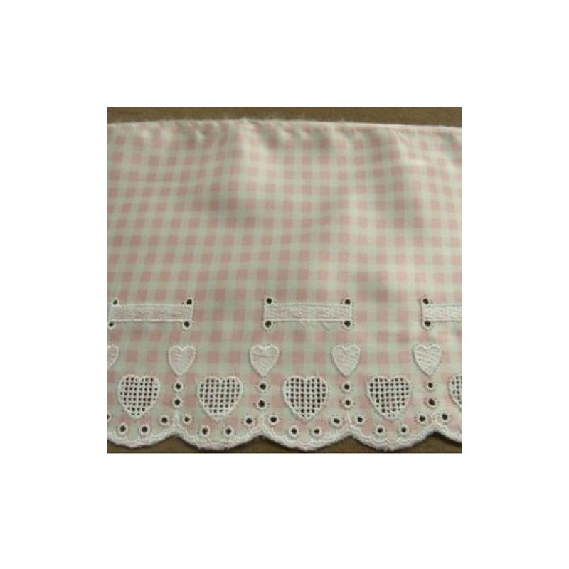 BRODERIE COTON ROSE SUR SATIN SUR FOND BLANC  13 cm / hauteur de broderie 5 cm