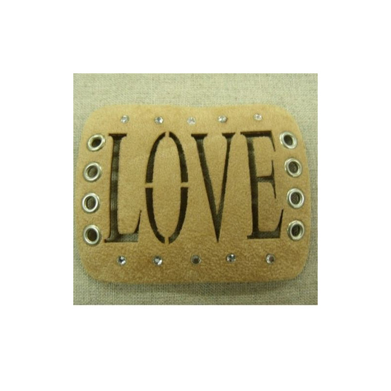 écusson thermocollant motif: LOVE beige à strass largeur 8,5cm  sur hauteur 6,5cm