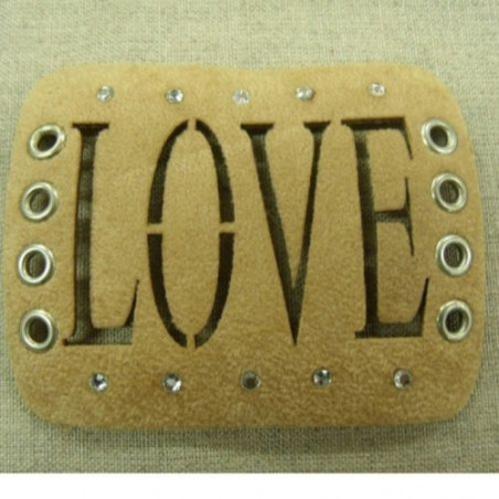 écusson thermocollant motif: LOVE beige à strass largeur 8,5cm sur hauteur 6,5cm
