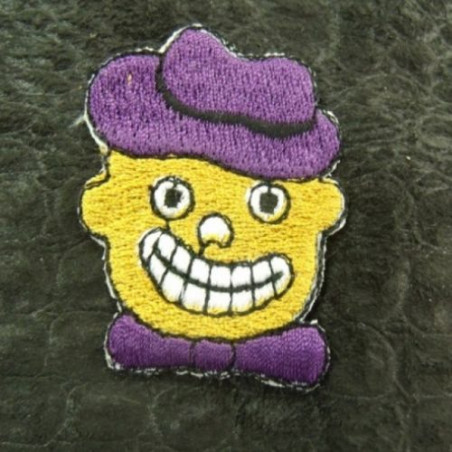 écusson thermocollant motif: BONHOMME SOURIANT violet et jaune largeur 3 cm sur hauteur 5 cm