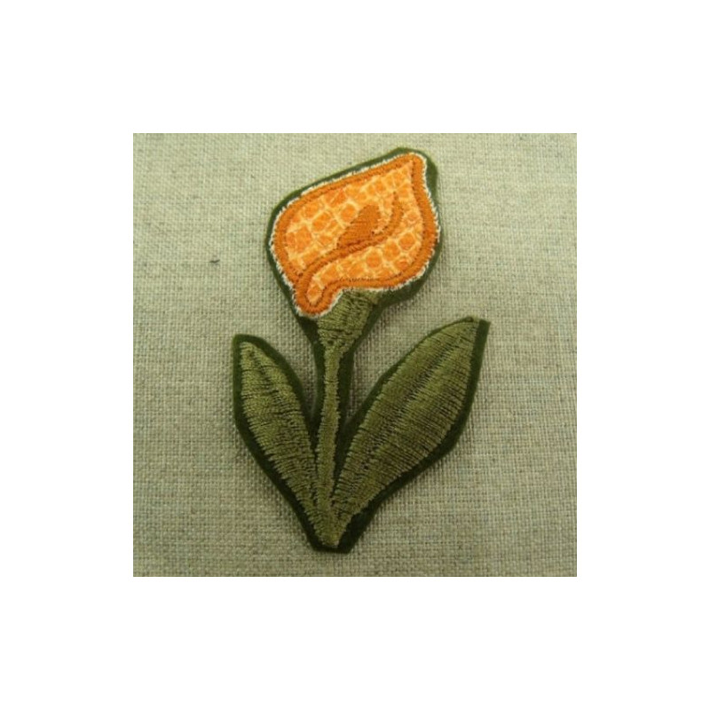 écusson thermocollant motif : fleur orange avec tige verte largeur 4cm sur hauteur 7cm