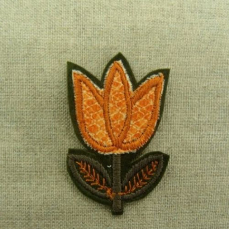 écusson thermocollant motif: fleur orange avec tige verte largeur 3cm sur hauteur 5cm