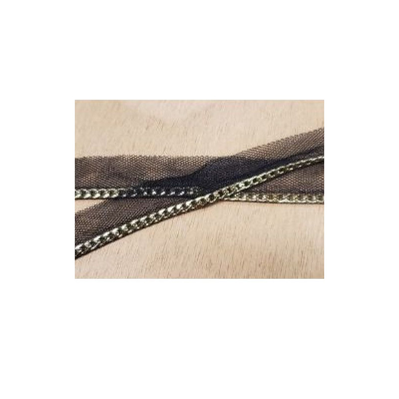 ruban passepoil avec chainette doré sur tulle noir largeur total 20 mm