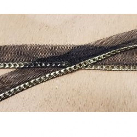 ruban passepoil avec chainette doré sur tulle noir largeur total 20 mm