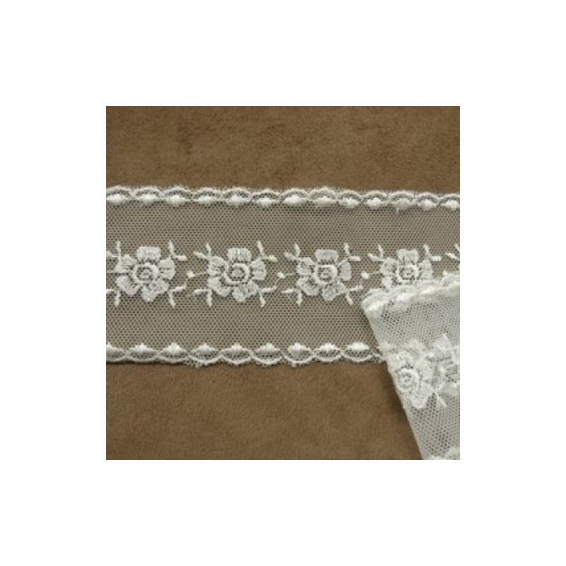 Ruban Brodé Sur Tulle Blanc 55 MM