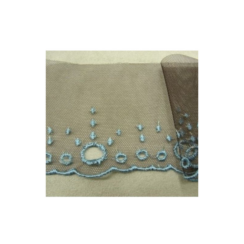 Ruban Brodé Bleu sur tulle marron 7,5 cm /hauteur de broderie: 4 cm