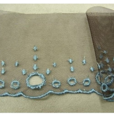 Ruban Brodé Bleu sur tulle marron 7,5 cm /hauteur de broderie: 4 cm