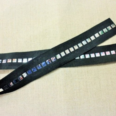 Ruban Polyester Pailleté Scintillante Petit Miroir noir 25 mm