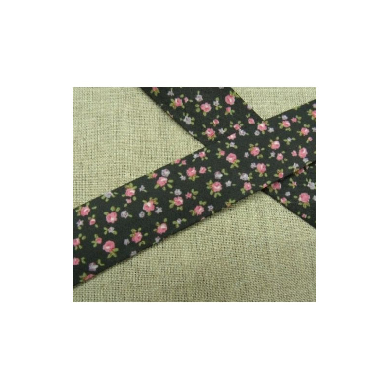 BIAIS LIBERTY coton ou polyester  rond noir & fleurs rose 25 mm