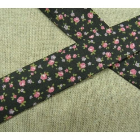 BIAIS LIBERTY coton ou polyester rond noir & fleurs rose 25 mm