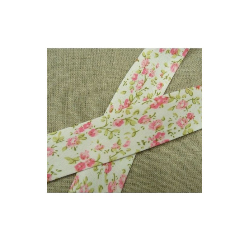 BIAIS LIBERTY A FLEURS coton ou polyester rose et rose pale 25 mm