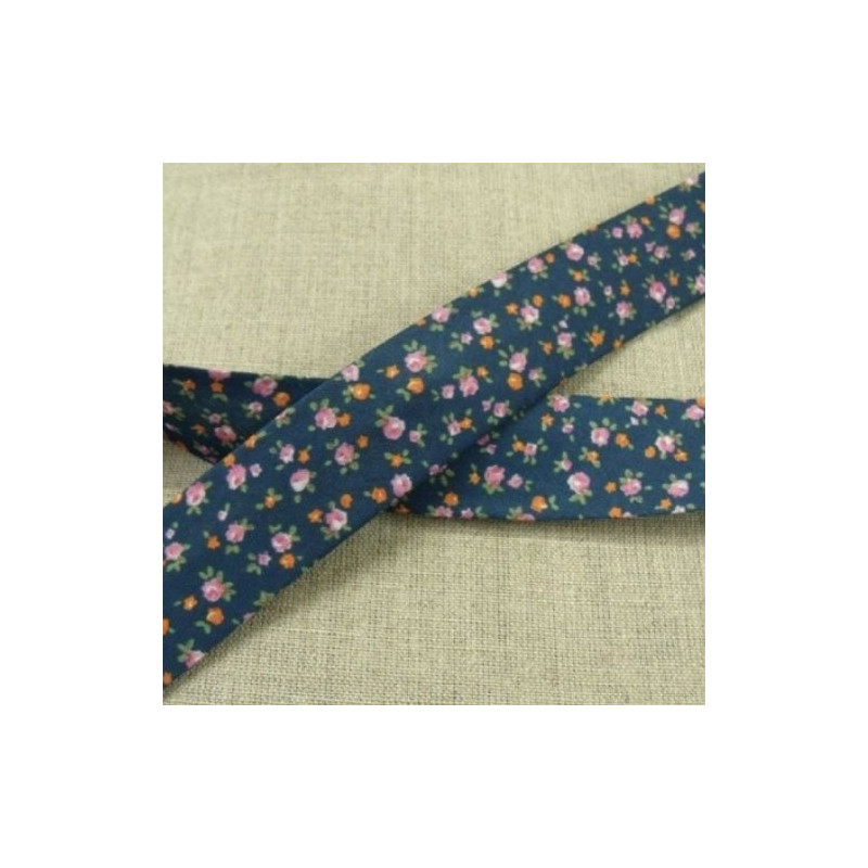 BIAIS LIBERTY A FLEURS coton ou polyester ROSE & ORANGE FOND BLEU MARINE 25 mm