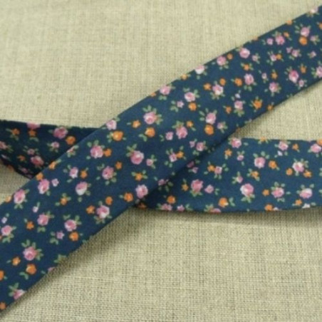BIAIS LIBERTY A FLEURS coton ou polyester ROSE & ORANGE FOND BLEU MARINE 25 mm