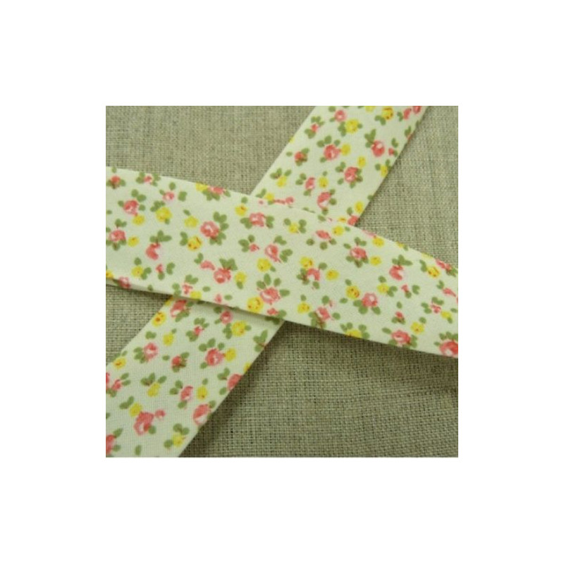 BIAIS LIBERTY A FLEURS coton ou polyester rose et jaune 25 mm