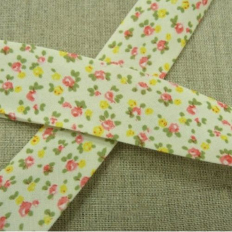 BIAIS LIBERTY A FLEURS coton ou polyester rose et jaune 25 mm