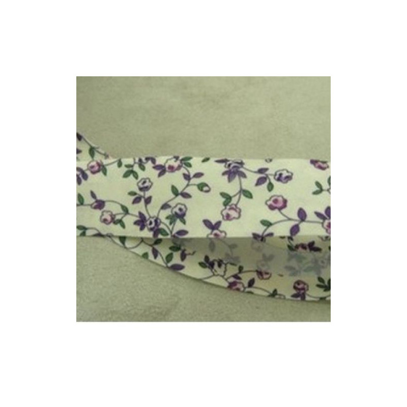 BIAIS LIBERTY coton ou polyester fond blanc & fleurs VIOLET & VERTE 25 mm