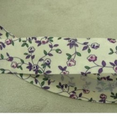 BIAIS LIBERTY coton ou polyester fond blanc & fleurs VIOLET & VERTE 25 mm