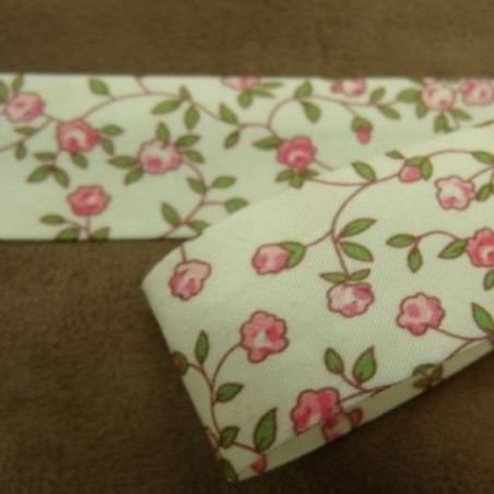 BIAIS LIBERTY coton ou polyester fond blanc & fleurs ROSE ET VERTE 25 mm