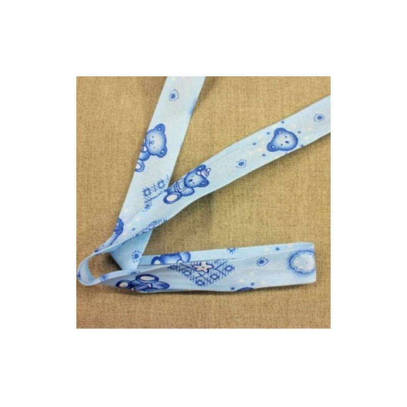 Ruban biais enfant coton motif nounours bleu 25 mm