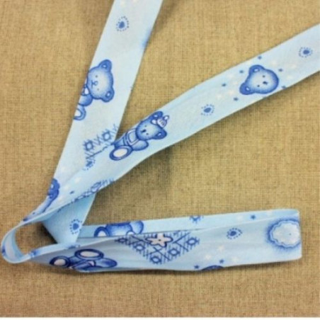 Ruban biais enfant coton motif nounours bleu 25 mm