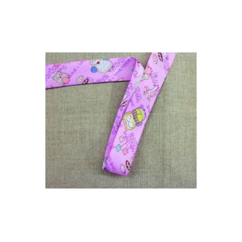 Ruban biais coton  enfant parme motif chouette 25 mm