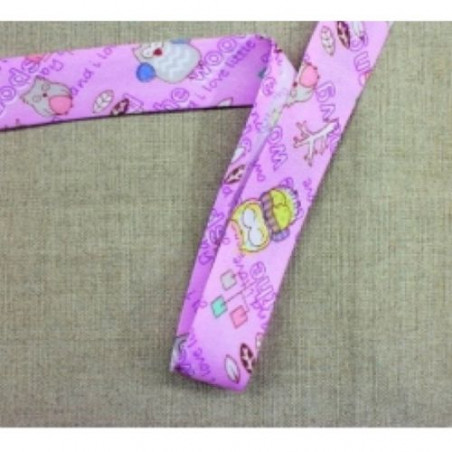Ruban biais coton  enfant parme motif chouette 25 mm