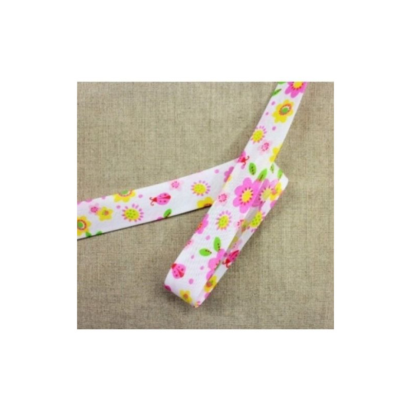Ruban biais enfants coton fleur rose et jaune sur fond blanc 25 mm