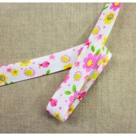 Ruban biais enfants coton fleur rose et jaune sur fond blanc 25 mm