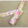 Ruban biais enfants coton fleur rose et jaune sur fond blanc 25 mm