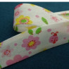 Ruban biais enfants coton fleur rose et jaune sur fond blanc 25 mm