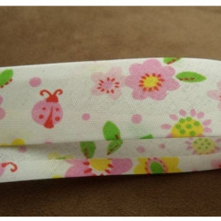 Ruban biais enfants coton fleur rose et jaune sur fond blanc 25 mm