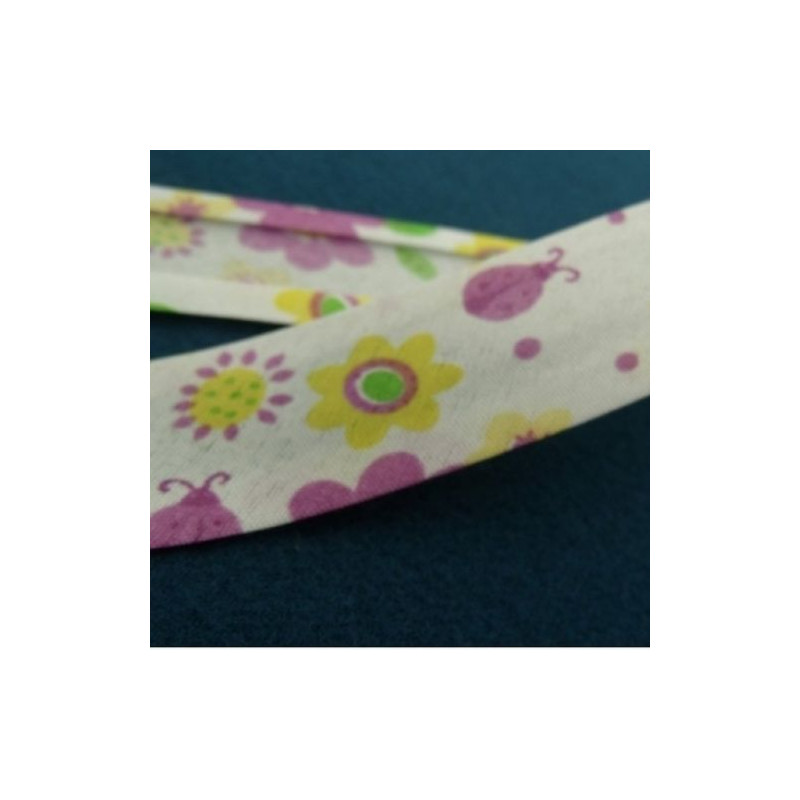 Ruban biais enfants coton fleur violet et jaune 25 mm