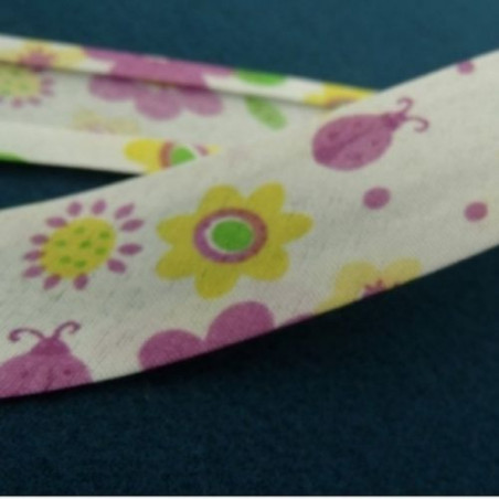Ruban biais enfants coton fleur violet et jaune 25 mm
