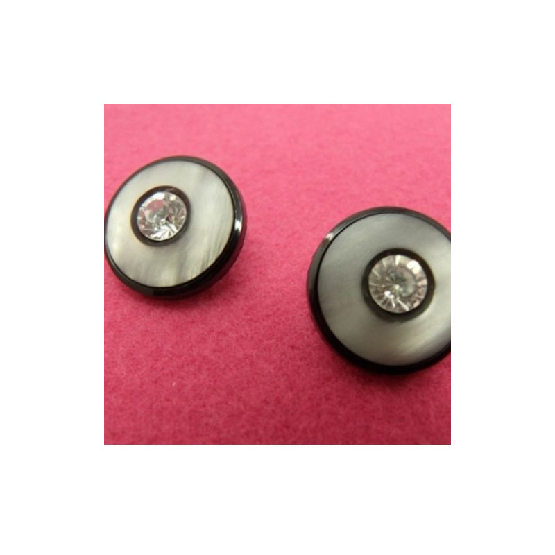 bouton acrylique noir nacré un strass central, 20 mm, super résistant et très décoratif