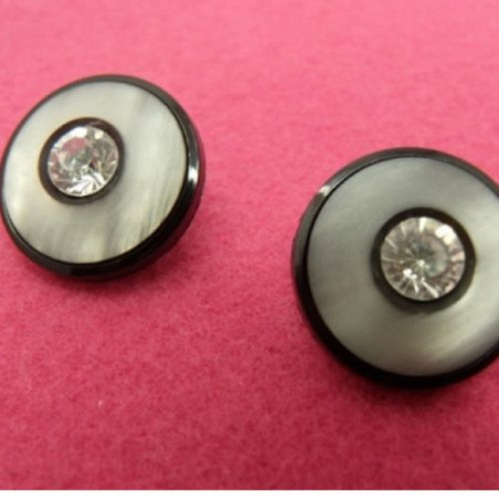 bouton acrylique noir nacré un strass central, 20 mm, super résistant et très décoratif