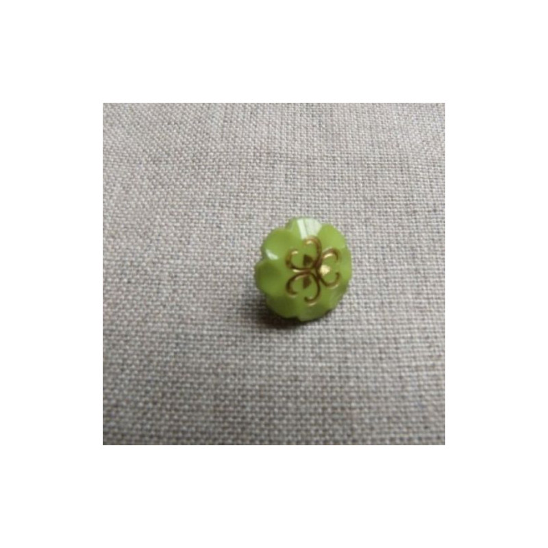 bouton acrylique à queue motif fleur  vert anis et or ,13 mm,de belle qualité