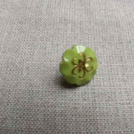 bouton acrylique à queue motif fleur vert anis et or ,13 mm,de belle qualité