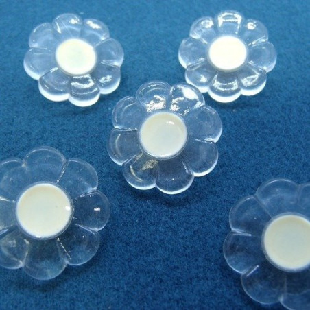 bouton acrylique motif petite fleur transparente et blanche,25 mm, vendu par 6