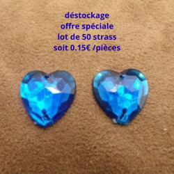 Déstockage – Strass Coeur Bleu 17 mm à coudre – Lot 10, 20, 50