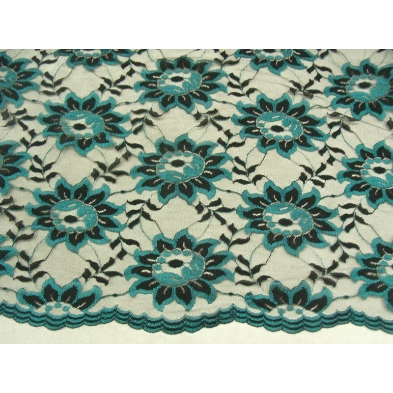 DENTELLE DE CALAIS-140cm - MOTIF FLEURS- VERT ET NOIR 
