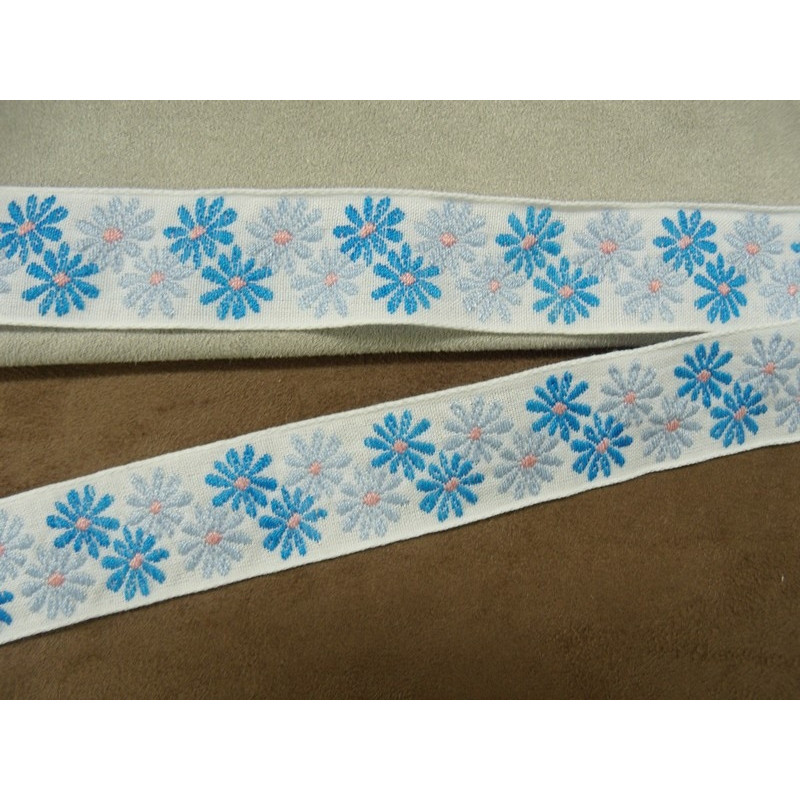Ruban tissé à fleurs- bleu turquoise et bleu clair 