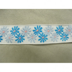 Ruban tissé à fleurs- bleu turquoise et bleu clair 