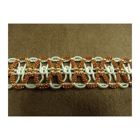 RUBAN FANTAISIE- 3 cm- ORANGE SUR FOND BLANC - LUREX OR 
