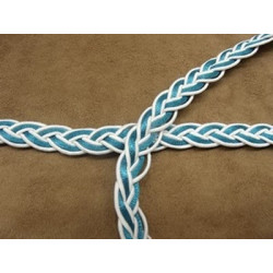 RUBAN FANTAISIE tressé-  fond blanc bleu turquoise