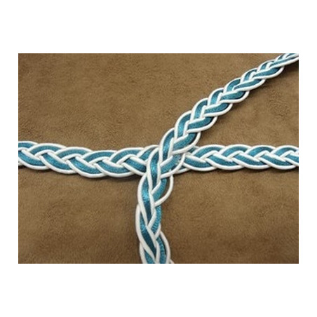 RUBAN FANTAISIE tressé-  fond blanc bleu turquoise RUBAN FANTAISIE tressé-  fond blanc bleu turquoise