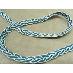 RUBAN FANTAISIE tressé-  fond blanc bleu turquoise