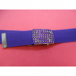 ceinture polyprofene bleu sur boucle en metal argent avec strass violet